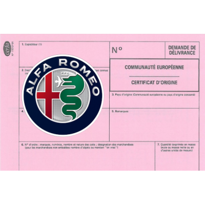 European Certificate of Compliance for Car ALFA ROMEO
