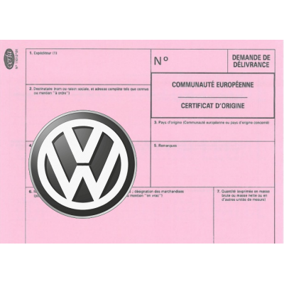 European Certificate of Compliance for Car Volkswagen